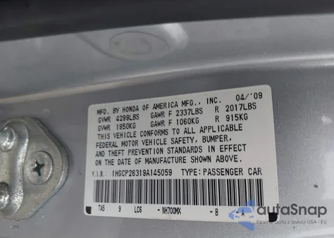 2009 Honda Accord 2.4 Lx from USA, damaged, VIN 1HGCP26319A145059